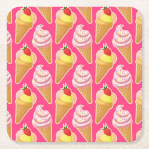 Dessous De Verre Carré Motif rose Kawaii avec crème glacée aux fraises