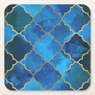 Dessous De Verre Carré Motif Sapphire Gemstone & Gold Marocain Carrelage