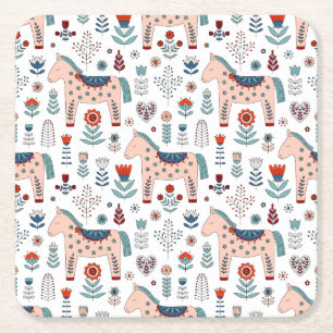 Dessous De Verre Carré Motif scandinave d'art populaire de cheval