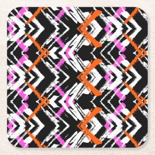 Dessous De Verre Carré Motif tiré par la main noir, orange, et rose de