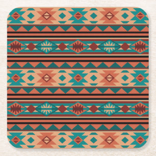 Dessous De Verre Carré Motif Tribal Sud-Ouest Turquoise Terracotta
