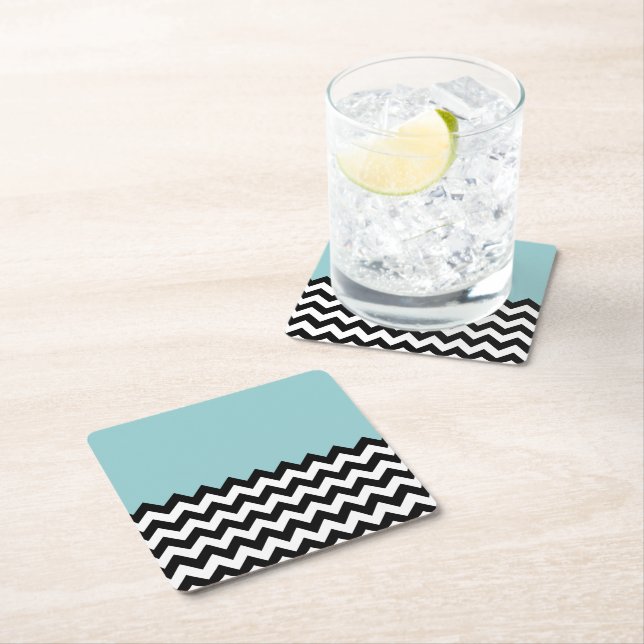 Dessous De Verre Carré Motif Zigzag noir et blanc, Chevron, Bleu (En situation)