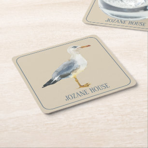 Dessous De Verre Carré Mouette de plage à l'aquarelle Personnalisée