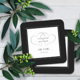 Dessous De Verre Carré Mr & Mrs Black & White Elegant Hearts Mariage Chic