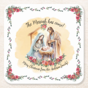 Dessous De Verre Carré Nativité aquarelle et roses serviettes personnalis