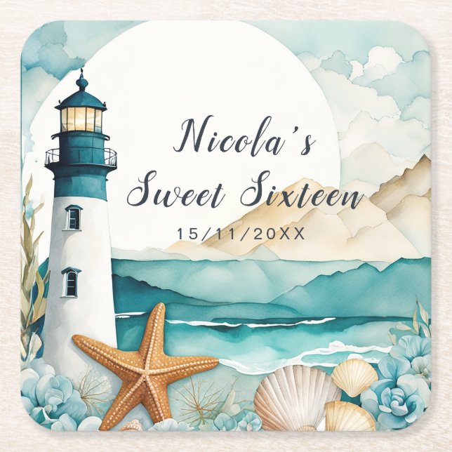 Dessous De Verre Carré Nautical Lighthouse Sweet Sixteen Birthday (Devant)