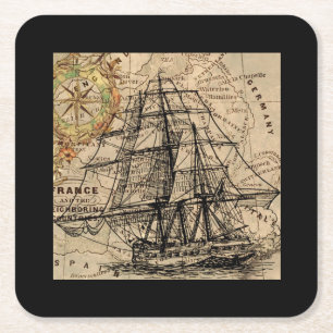 Dessous De Verre Carré Navire Ancien et Carte