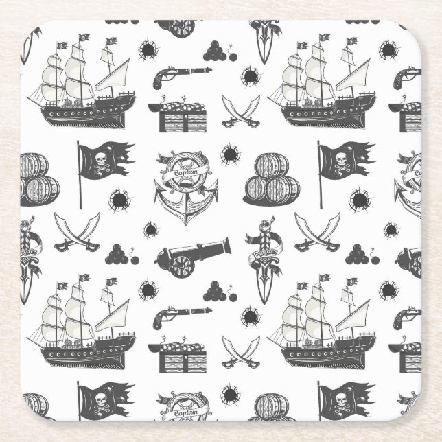 Dessous De Verre Carré Navires, Canons, épées et vin Pirate Thème (Devant)