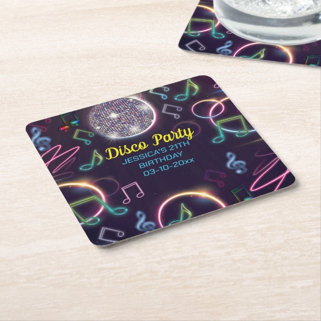 Dessous De Verre Carré Neon Glow Disco Dance Anniversaire (Incliné)