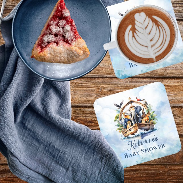 Dessous De Verre Carré Noah's Ark Cute Animals Blue Boy Baby shower (Noah's Ark Cute Animals Blue Boy Baby Shower Coaster)
