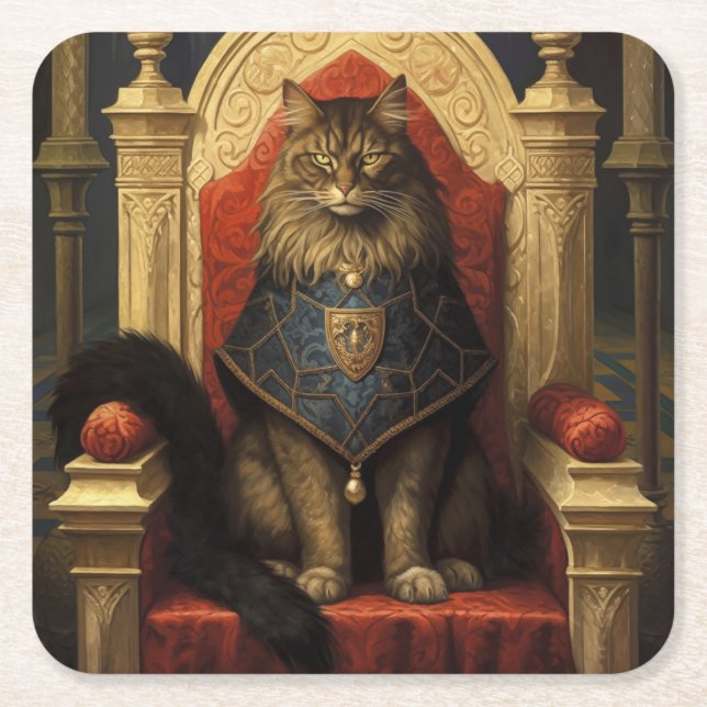Dessous De Verre Carré Noble Maine Coon Trône Art Imprimer (Devant)