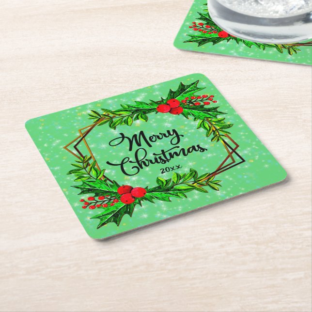 Dessous De Verre Carré Noël 20xx Holly Red Berries Vert moderne (Incliné)