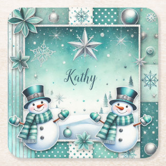 Dessous De Verre Carré Noël : bonhommes de neige turquoise