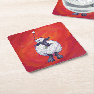 Dessous De Verre Carré Noël des moutons sur rouge