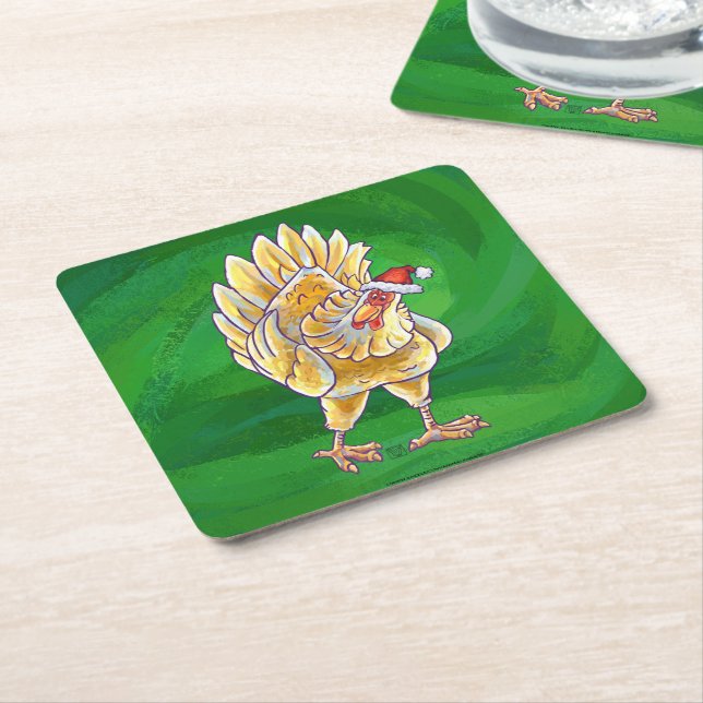 Dessous De Verre Carré Noël Du Poulet Sur Vert (Incliné)
