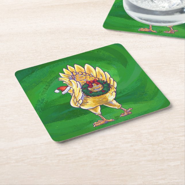 Dessous De Verre Carré Noël Du Poulet Sur Vert (Incliné)