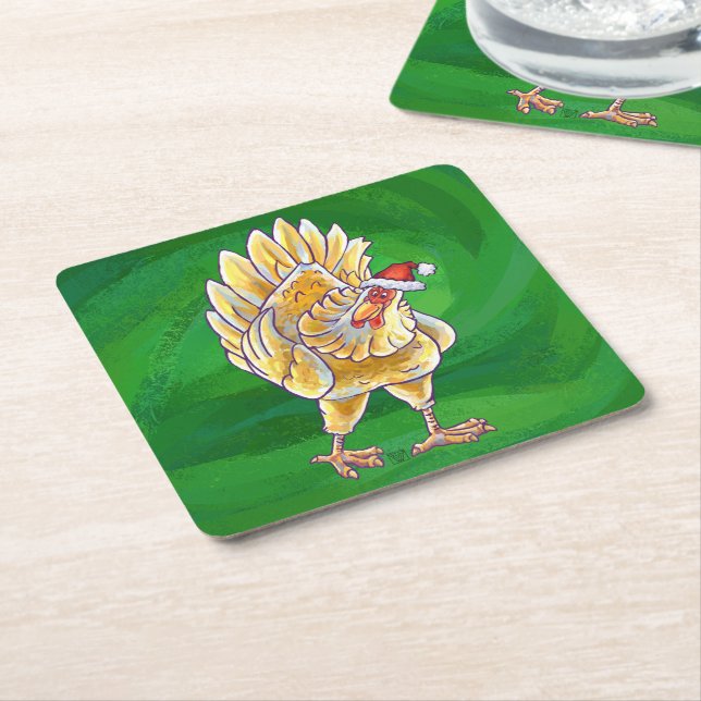 Dessous De Verre Carré Noël Du Poulet Sur Vert (Incliné)