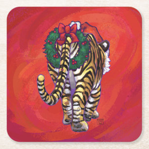 Dessous De Verre Carré Noël du tigre en rouge