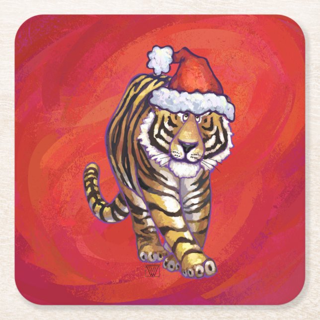 Dessous De Verre Carré Noël du tigre en rouge (Devant)
