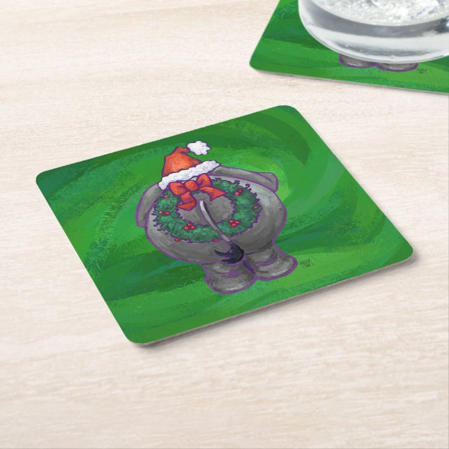 Dessous De Verre Carré Noël Eléphant Sur Vert (Incliné)
