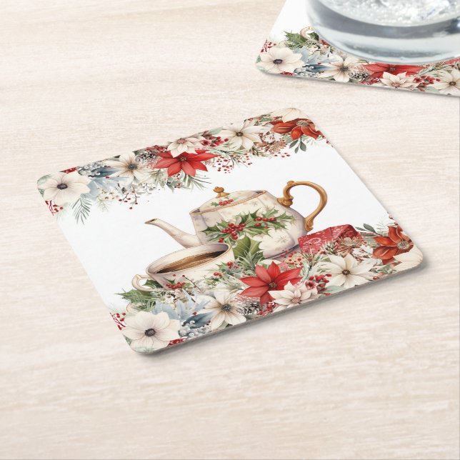 Dessous De Verre Carré Noël Floral Tea Fête (Incliné)