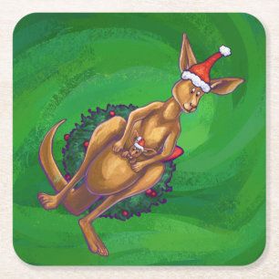 Dessous De Verre Carré Noël Kangaroo sur le dos vert peint