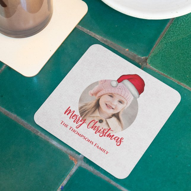 Dessous De Verre Carré Noël Père Noël Vacances mignonne Simple Casquette  (Merry Christmas photo Santa Hat paper party coaster)