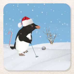 Dessous De Verre Carré Noël, pingouin jouant au golf