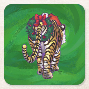 Dessous De Verre Carré Noël Tigre Sur Vert