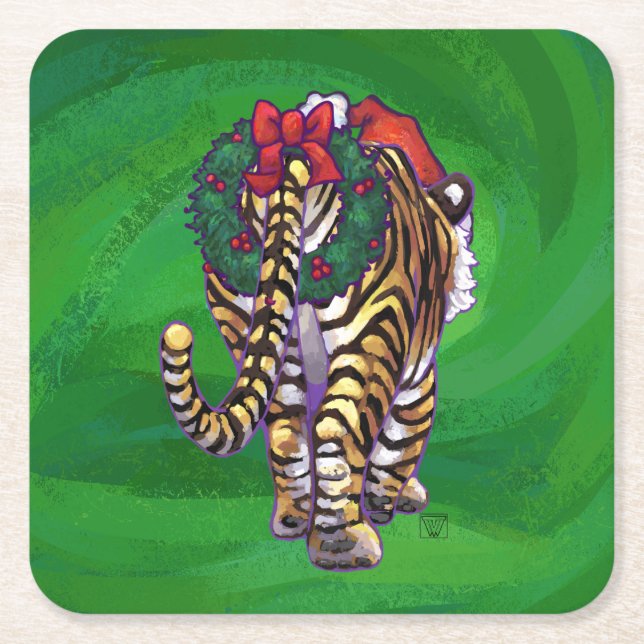 Dessous De Verre Carré Noël Tigre Sur Vert (Devant)