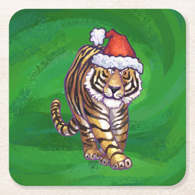 Dessous De Verre Carré Noël Tigre Sur Vert (Devant)