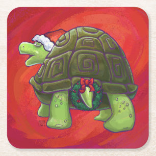Dessous De Verre Carré Noël Tortue Sur Rouge