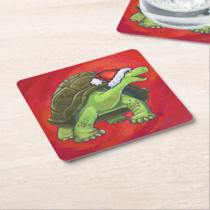 Dessous De Verre Carré Noël Tortue Sur Rouge