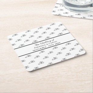 Dessous De Verre Carré Noir blanc monogramme initiales mariage élégant