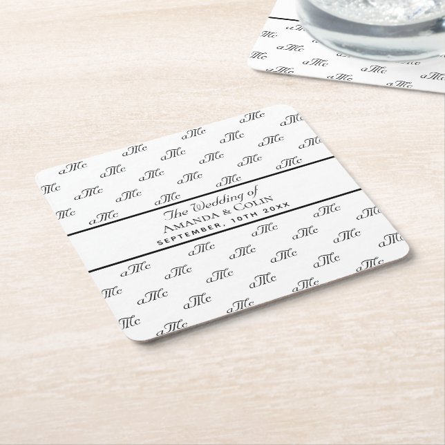 Dessous De Verre Carré Noir blanc monogramme initiales mariage élégant (Incliné)
