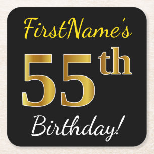 Dessous De Verre Carré Noir, Faux Gold 55e anniversaire + Nom personnalis