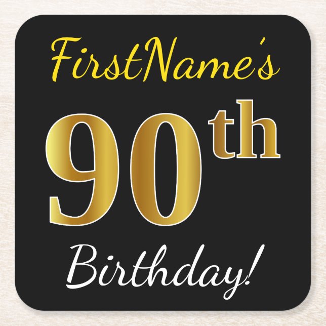 Dessous De Verre Carré Noir, Faux Gold 90e anniversaire + Nom personnalis (Devant)