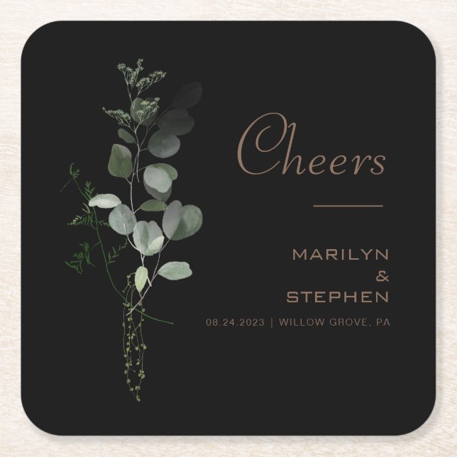 Dessous De Verre Carré Noir Formal Minimal Eucalyptus Mariage (Devant)