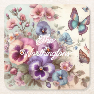 Dessous De Verre Carré Nom Aquarelle Vintages Pansies Fleurs Pastels