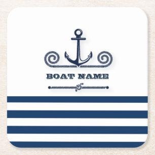 Dessous De Verre Carré Nom de bateau nautique,Ancre,Corde, Rayures bleu m