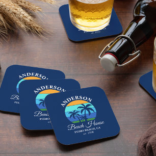 Dessous De Verre Carré Nom de famille Beach House Sun Palm Trees Blue