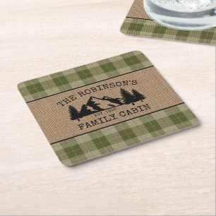 Dessous De Verre Carré Nom de famille Cabine Arbres Sage Green Plaid Burl