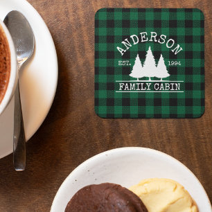 Dessous De Verre Carré Nom de famille du cabine Green Buffalo Plaid