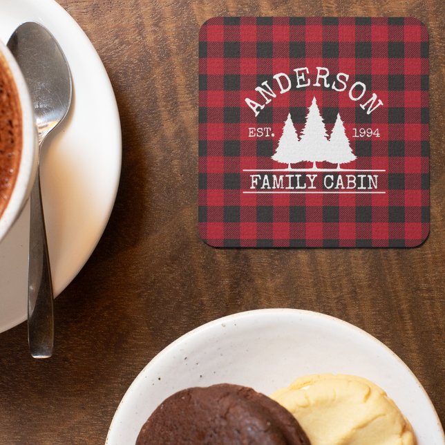 Dessous De Verre Carré Nom de famille du cabine Red Buffalo Plaid (Customize to change text size or text style.)