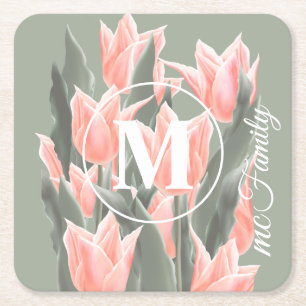Dessous De Verre Carré Nom De Famille Élégant Monogramme Peach Tulips P