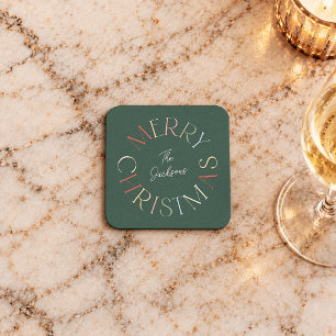 Dessous De Verre Carré Nom de famille joyeux Noël rétro coloré