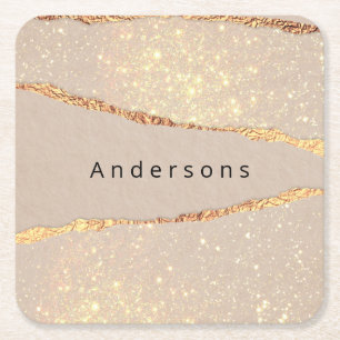 Dessous De Verre Carré Nom doré beige moderne