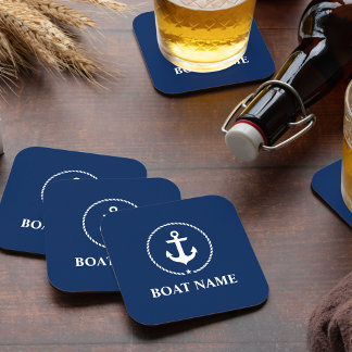 Dessous De Verre Carré Nom du bateau nautique Ancre corde bleu marine