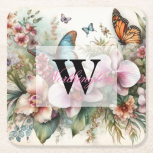 Dessous De Verre Carré Nom du monogramme Fleurs tropicales Aquarelle feui