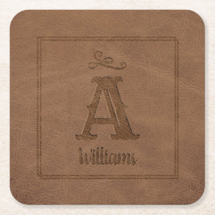 Dessous De Verre Carré Nom du monogramme personnalisé en cuir Brown rusti